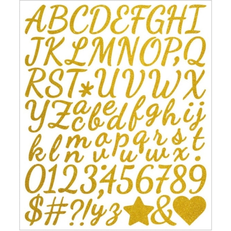 Alfabet klistermærker med flotte bogstaver, tegn og tal. Store og små bogstaver. A til Z. Gold Alfabet klistermærker med elegante bogstaver, A til Z. Gold