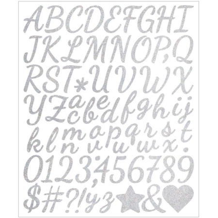 Alfabet klistermærker med flotte bogstaver, tegn og tal. Store og små bogstaver. A til Z. Silver Alfabet klistermærker med flotte bogstaver, A til Z. Silver