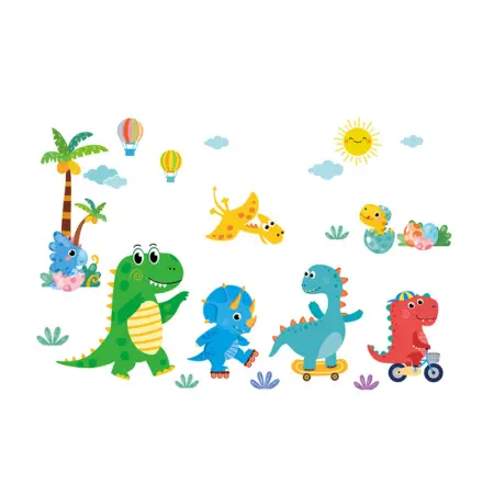 Rigtig sød dinosaurus wallsticker med 7 små dinoer på tur.