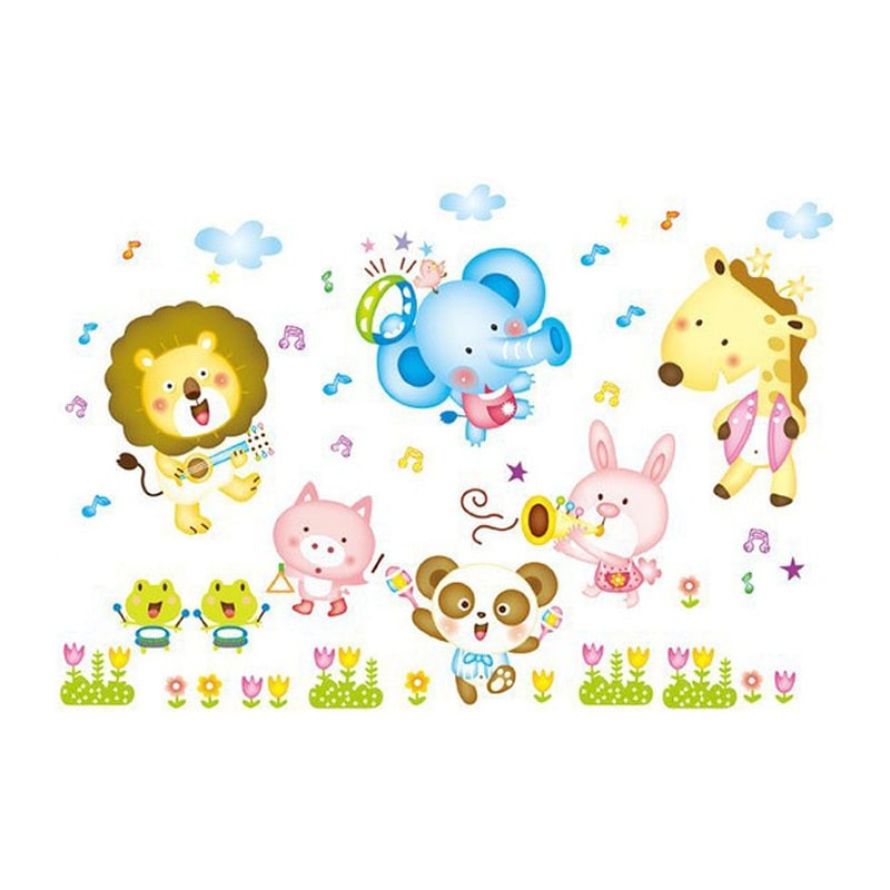 Dyrewallsticker til børneværelset. Elefant, Giraf, Løve mm spiller musik. Dyrewallsticker til værelset. Elefant,Giraf mm spiller musik