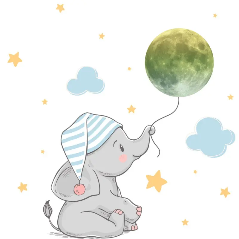 Sød selvlysende wallsticker med en lille elefant unge der holder månen i en snor. Lille. 18 stk. Sød selvlysende wallsticker med en lille elefant unge. 18stk
