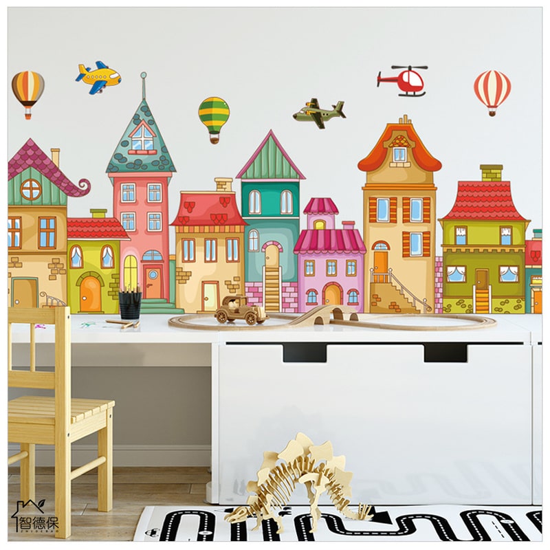 Farverig wallsticker med en flot hyggelig by med huse, luftballoner, flyvere mm Farverig wallsticker med en flot hyggelig by med huse, luftballoner, flyvere mm - Image 2