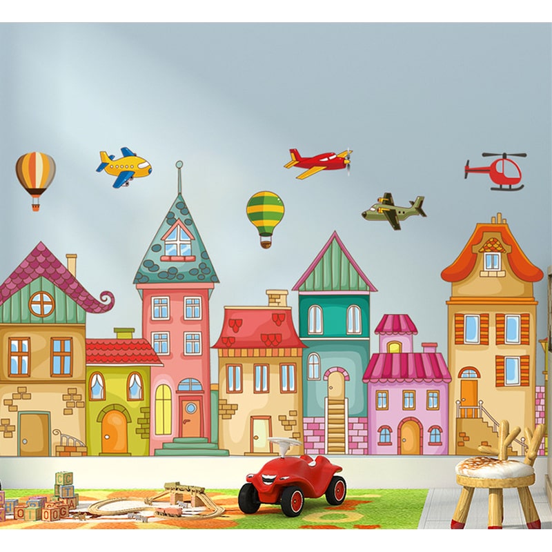 Farverig wallsticker med en flot hyggelig by med huse, luftballoner, flyvere mm Farverig wallsticker med en flot hyggelig by med huse, luftballoner, flyvere mm - Image 5
