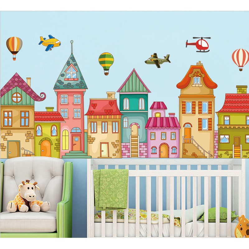 Farverig wallsticker med en flot hyggelig by med huse, luftballoner, flyvere mm Farverig wallsticker med en flot hyggelig by med huse, luftballoner, flyvere mm - Image 3