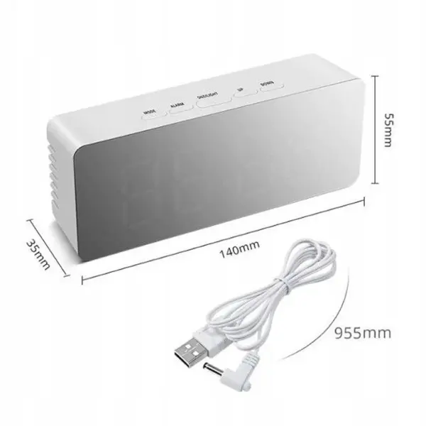 Multifunktionelt LED vækkeur med spejl. Hvid. - Image 5