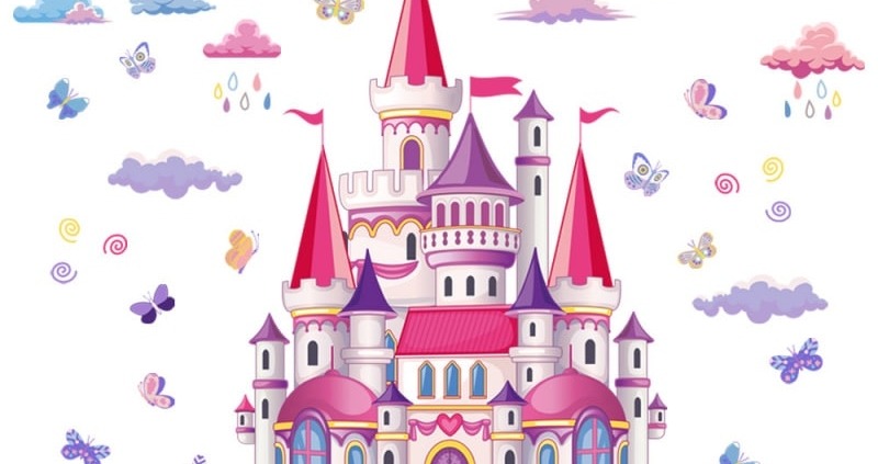 Prinsesse wallsticker med et slot i lyserøde og lilla farver