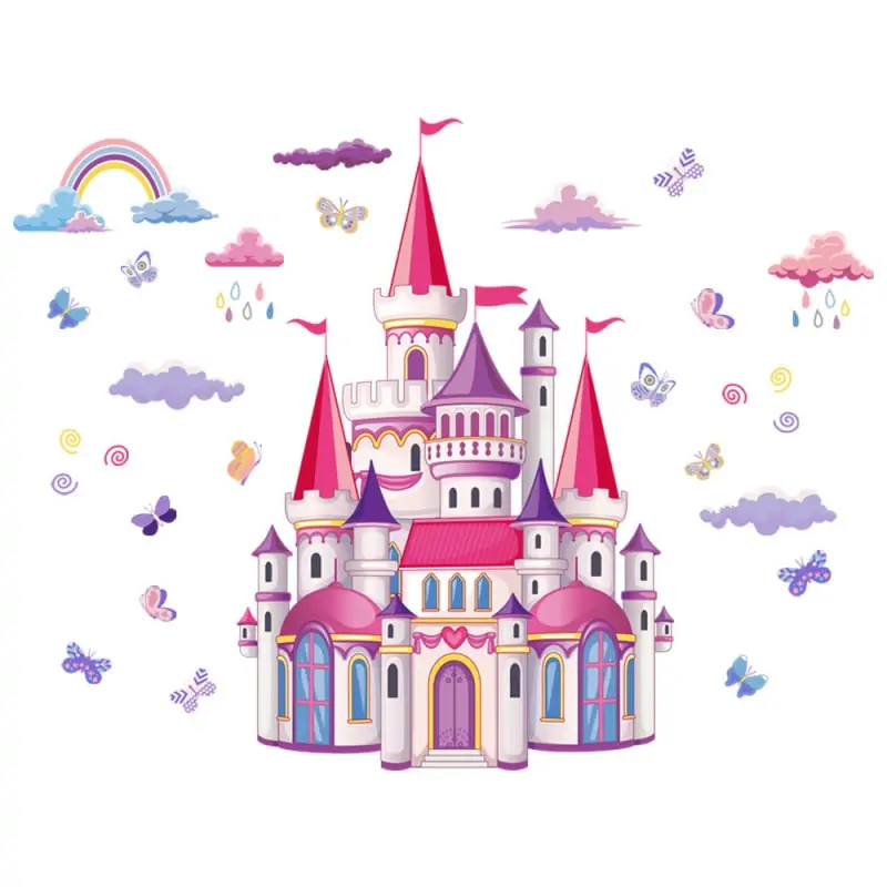Prinsesse wallsticker med et flot slot i lyserøde og lilla nuancer. 100x76cm. Prinsesse wallsticker med et slot i lyserøde og lilla farver