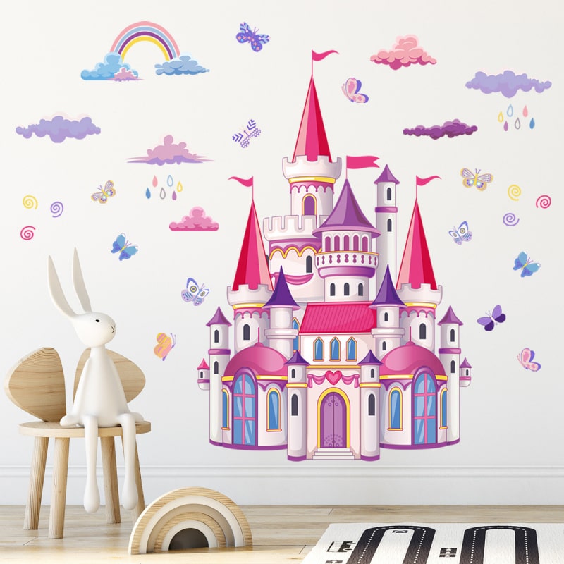 Prinsesse wallsticker med et flot slot i lyserøde og lilla nuancer. 100x76cm. Prinsesse wallsticker med et flot slot i lyserøde og lilla nuancer. 100x76cm. - Image 2