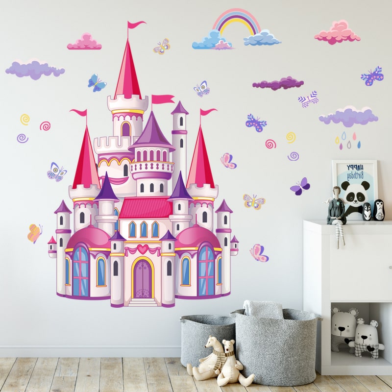 Prinsesse wallsticker med et flot slot i lyserøde og lilla nuancer. 100x76cm. Prinsesse wallsticker med et flot slot i lyserøde og lilla nuancer. 100x76cm. - Image 4