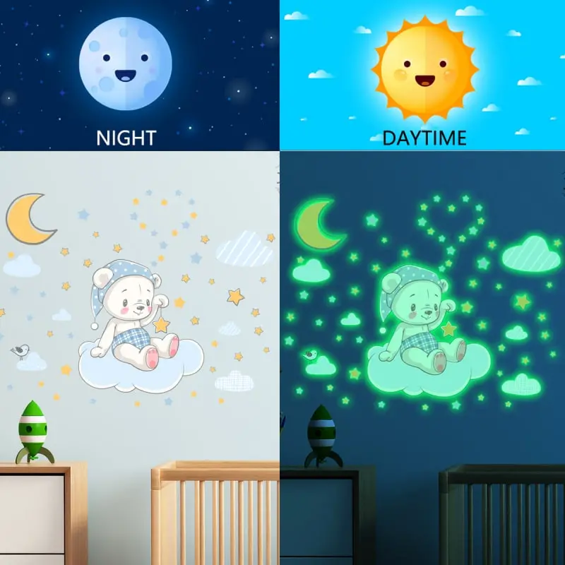 Sød selvlysende wallsticker med en lille bamse der sidder på en sky, omgivet af masser af stjerner. Sød selvlysende wallsticker med en lille bamse der sidder på en sky, omgivet af masser af stjerner. - Image 2