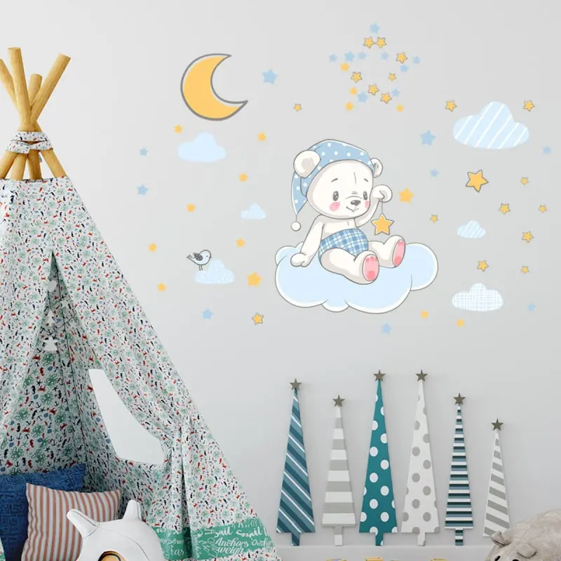 Sød selvlysende wallsticker med en lille bamse der sidder på en sky, omgivet af masser af stjerner. Sød selvlysende wallsticker med en lille bamse der sidder på en sky, omgivet af masser af stjerner. - Image 6