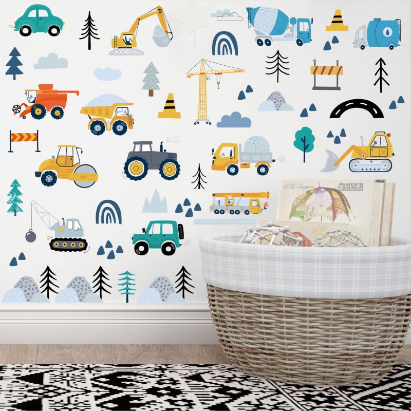 Flot wallsticker med transportmidler såsom Gravkøer, Traktorer, Kranbiler, Lastbiler, Kraner mm (90 stk) Wallsticker med transportmidler - Gravkøer, Kraner (90 stk)