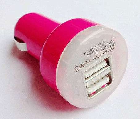 Dual USB billader til telefon, tablet mm. Hot pink.