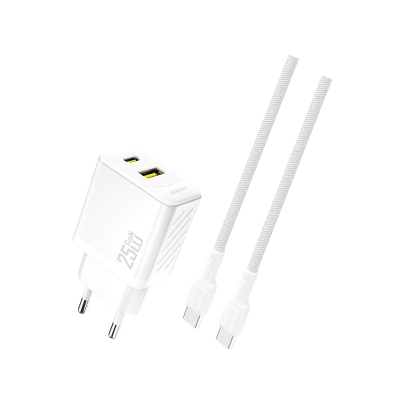 Dudao A26TC GaN 2.4A 25W Dual USB oplader. Inkl. USB-C kabel. Hvid Dudao A26TEU 25W oplader. USB-C & USB-A. Inkl USB-C kabel. Hvid