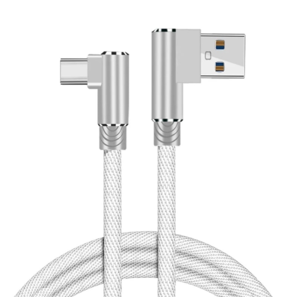 Flettet USB-C til USB-A kabel. Han-Han. Vinklet. 2m. Hvid.