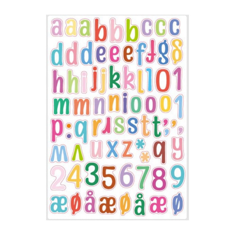 Alfabet wallsticker med farverige bogstaver og tal. Små bogstaver. a til å Alfabet wallsticker med farverige bogstaver og tal. a til å.